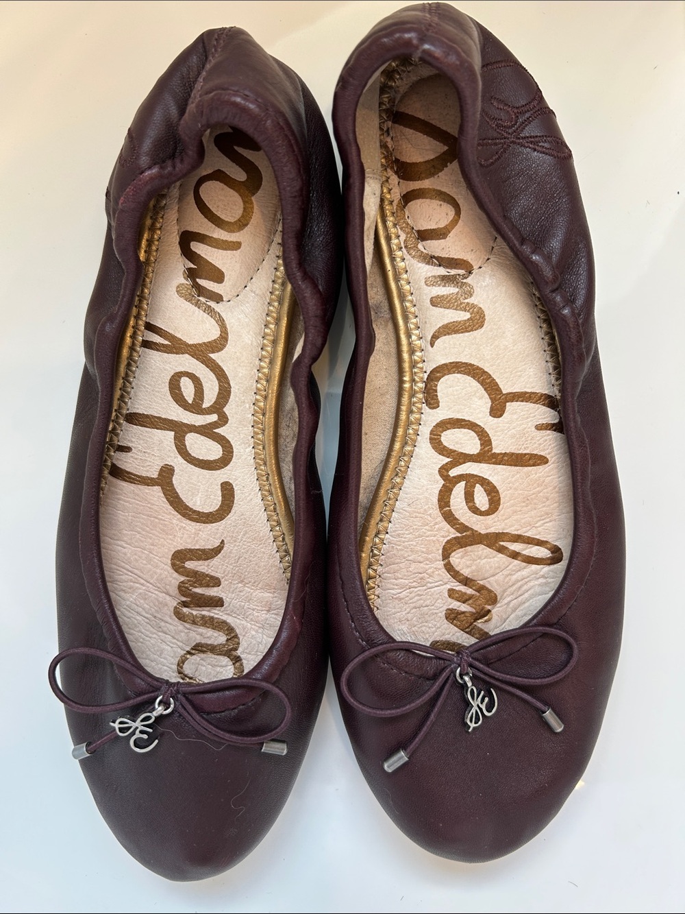 Sam Edelman Burgundy Leather Ballet Flats with Bow Charm